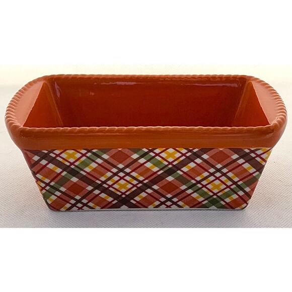 LOAF BAKING DISH-TEMP-TATIONS-Ceramic-Pumpkin & Green-Plaid-Holiday Theme-Small - Picture 1 of 8
